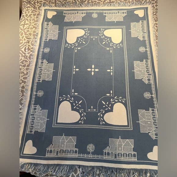 Vintage Blue & White Heart Cotton Blanket Reversible Goodwin Weavers Knit - Picture 6 of 13